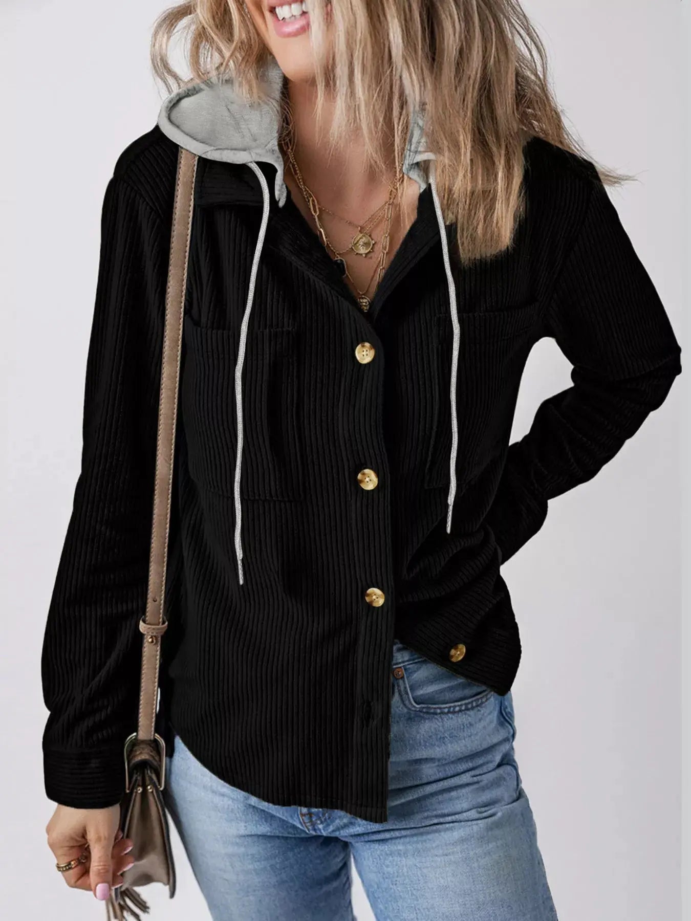 Hooded Corduroy Button-Down Jacket Simply Love
