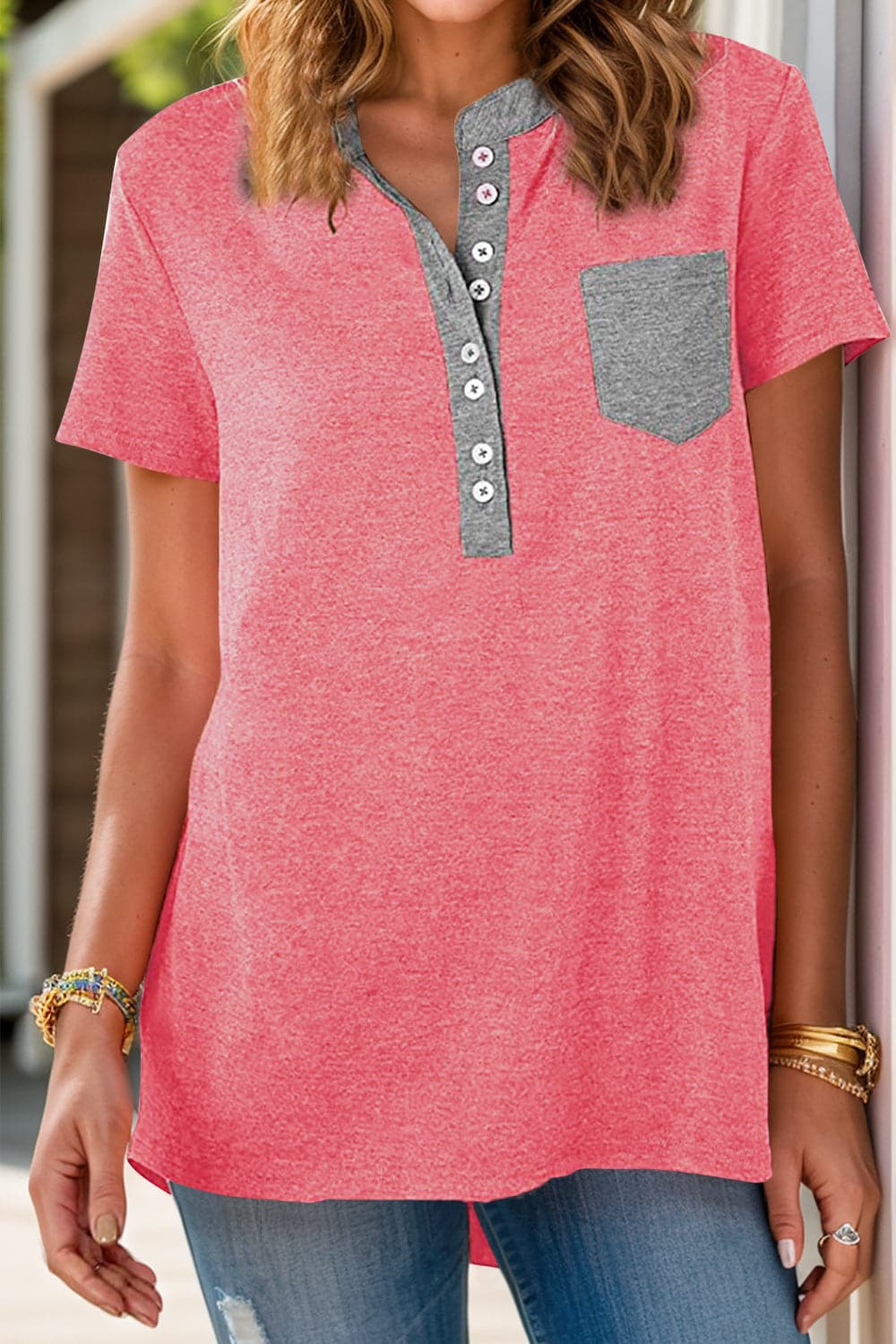 Full Size Half Button Short Sleeve T-Shirt.