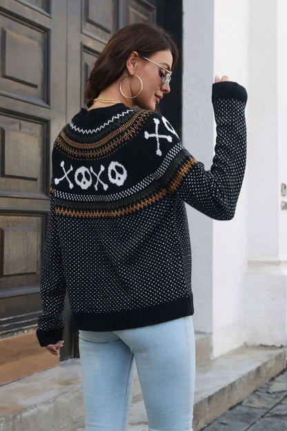 Halloween-themed ribbed pullover sweater with long sleeves