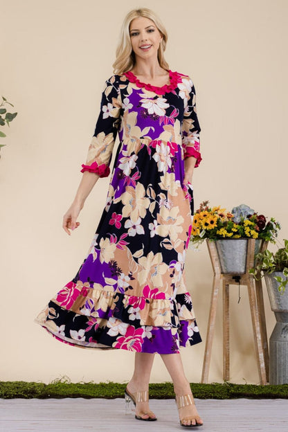 Celeste Full Size Floral Ruffled Midi Dress.