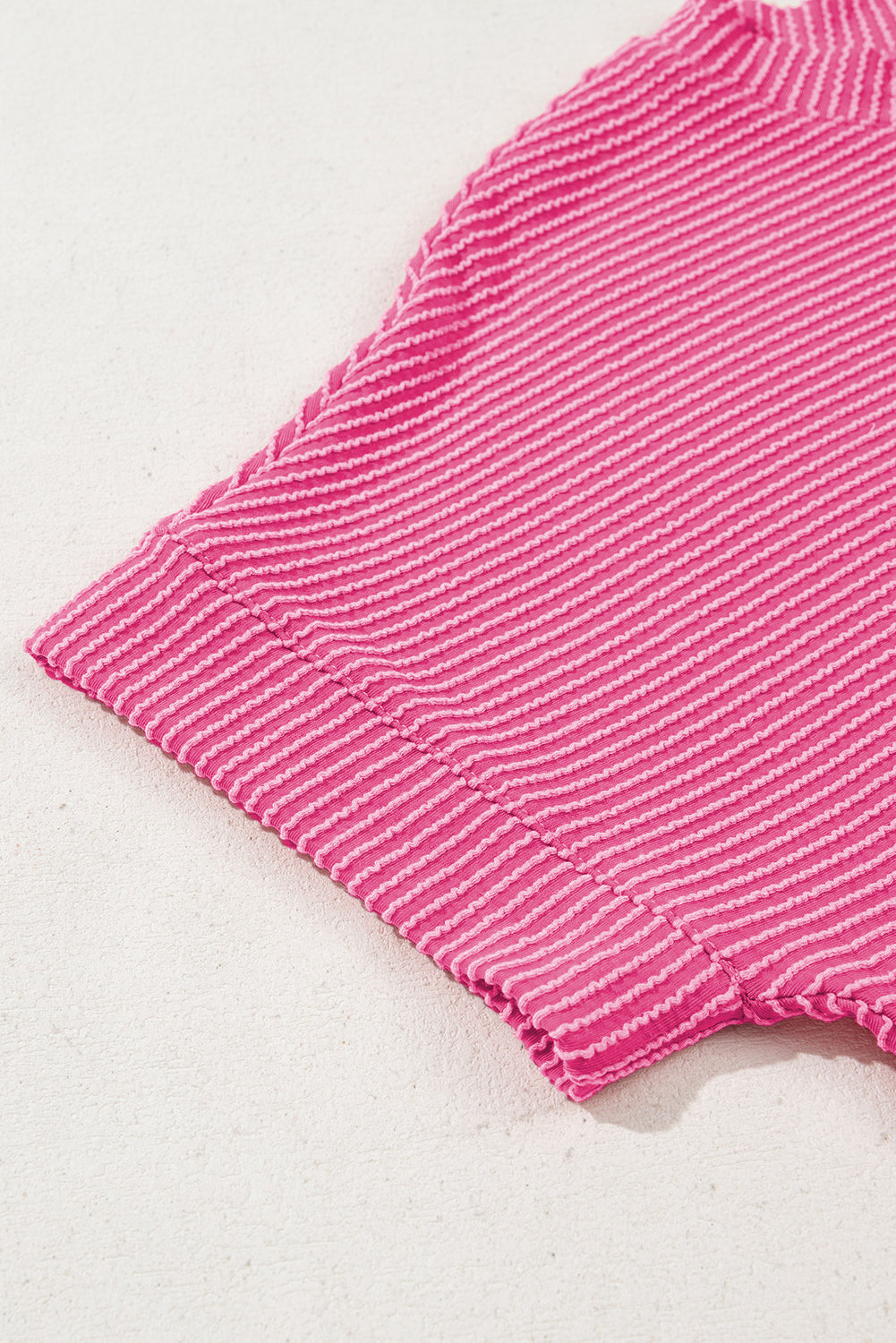 Bright Pink Plain Corded Knit Mock Neck T Shirt for Women