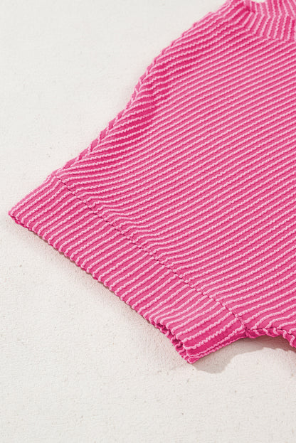 Bright Pink Plain Corded Knit Mock Neck T Shirt for Women