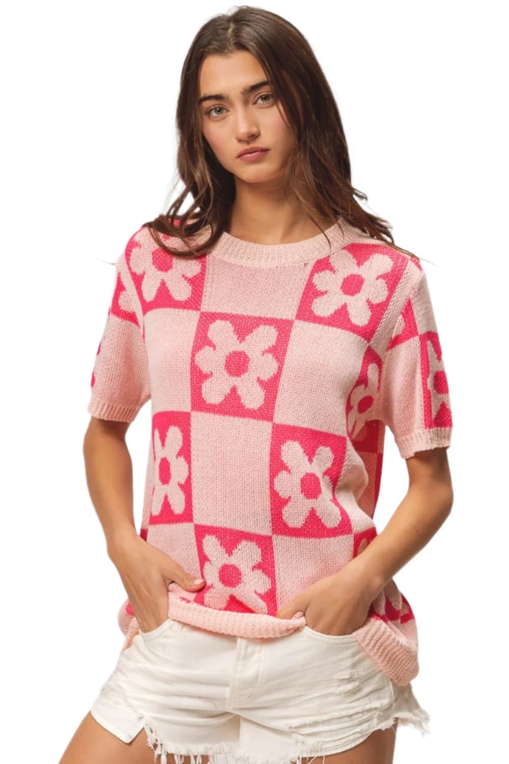 BiBi Flower Checker Pattern Short Sleeve Sweater.