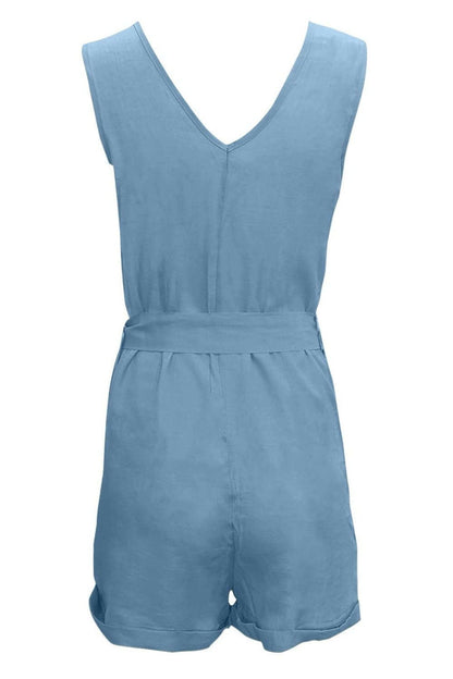 Full Size Tied V-Neck Sleeveless Romper with Pockets.