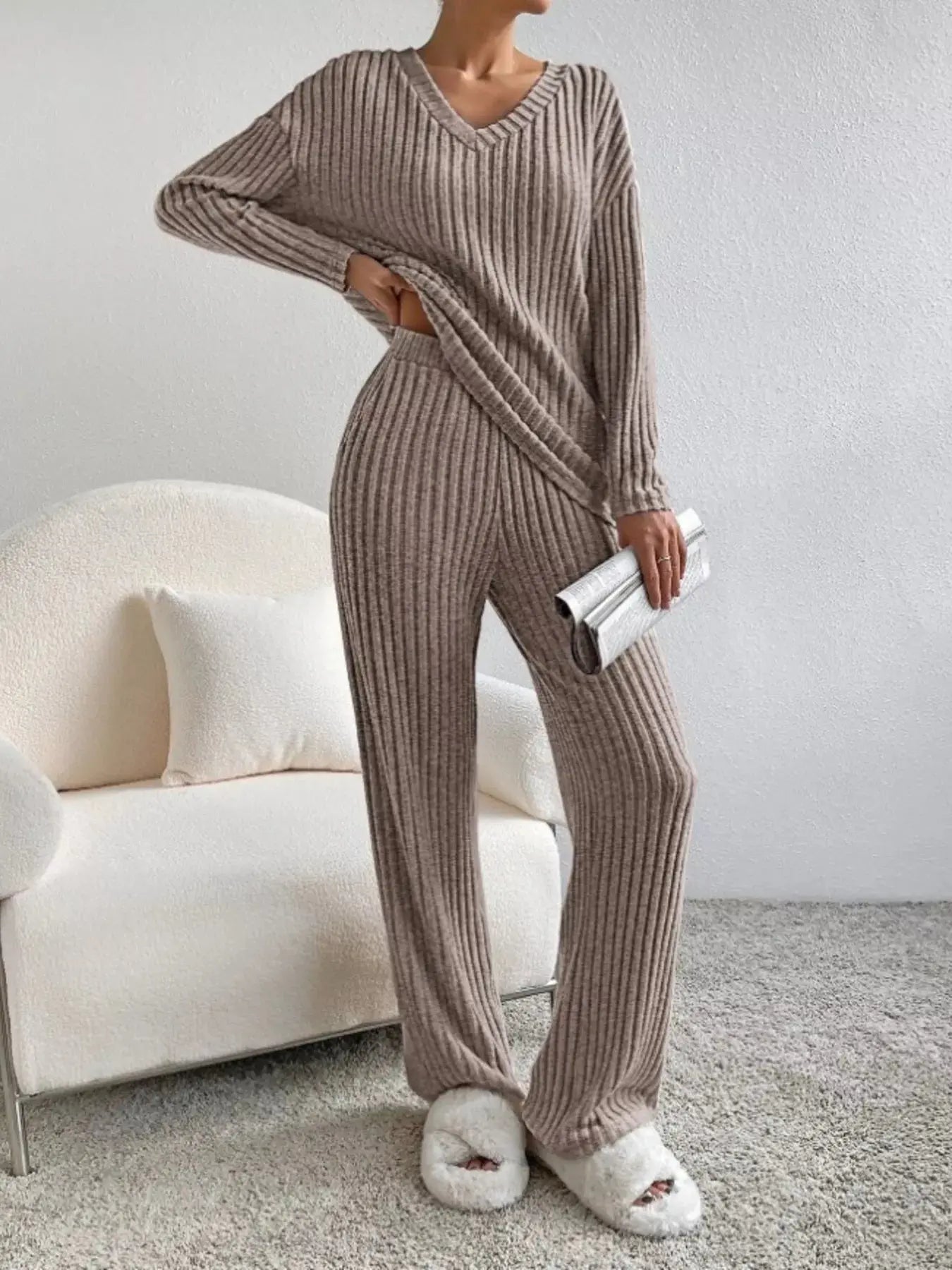 Ribbed Knit V-Neck Top and Pants Set Simply Love