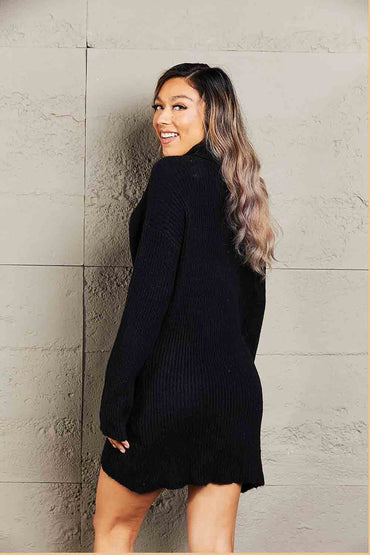 Rib-Knit Turtleneck Drop Shoulder Sweater Dress.