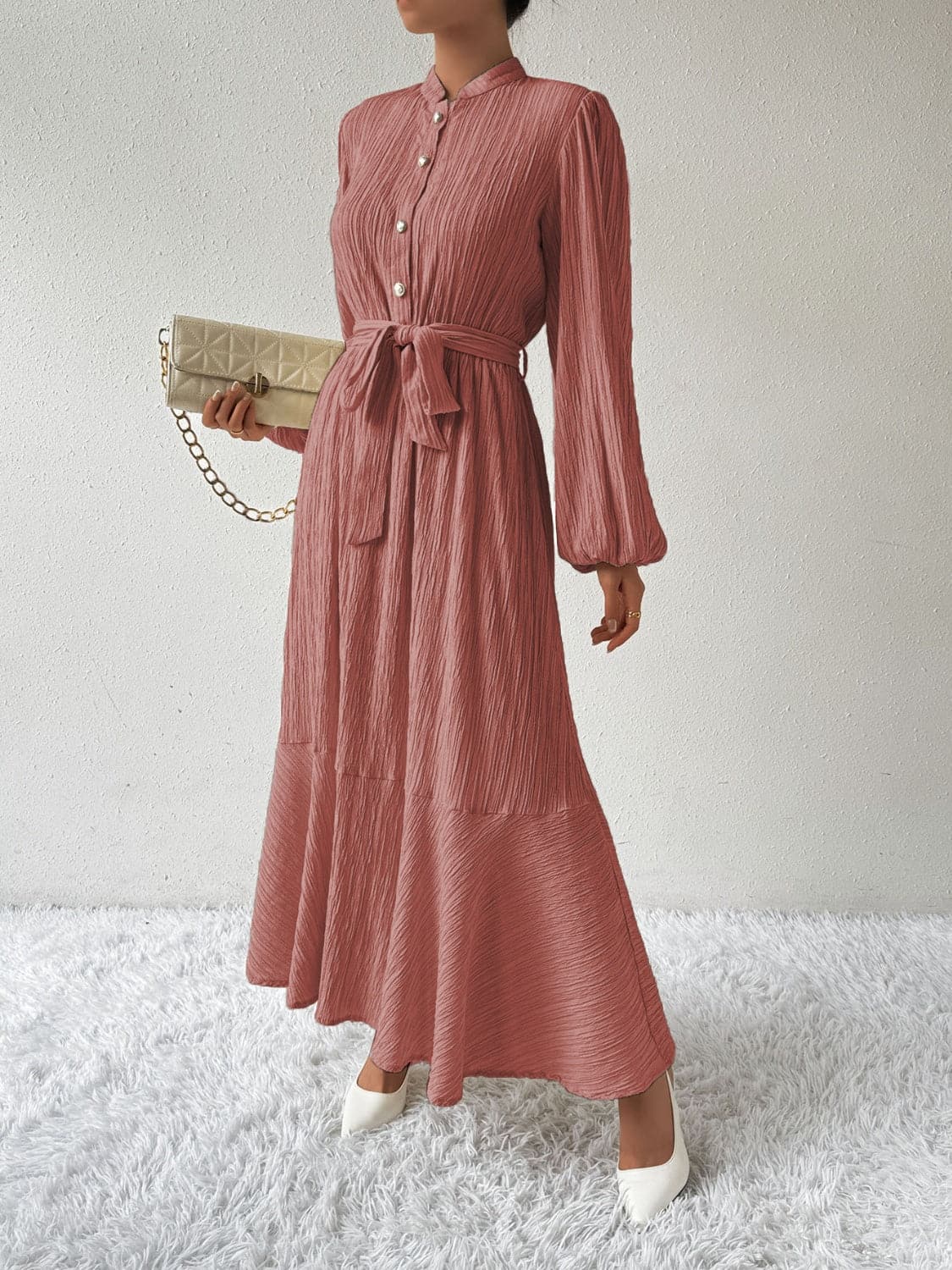 Tie Waist Long Sleeve Dress.