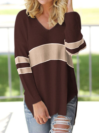 Striped V-Neck Long Sleeve Sweater.