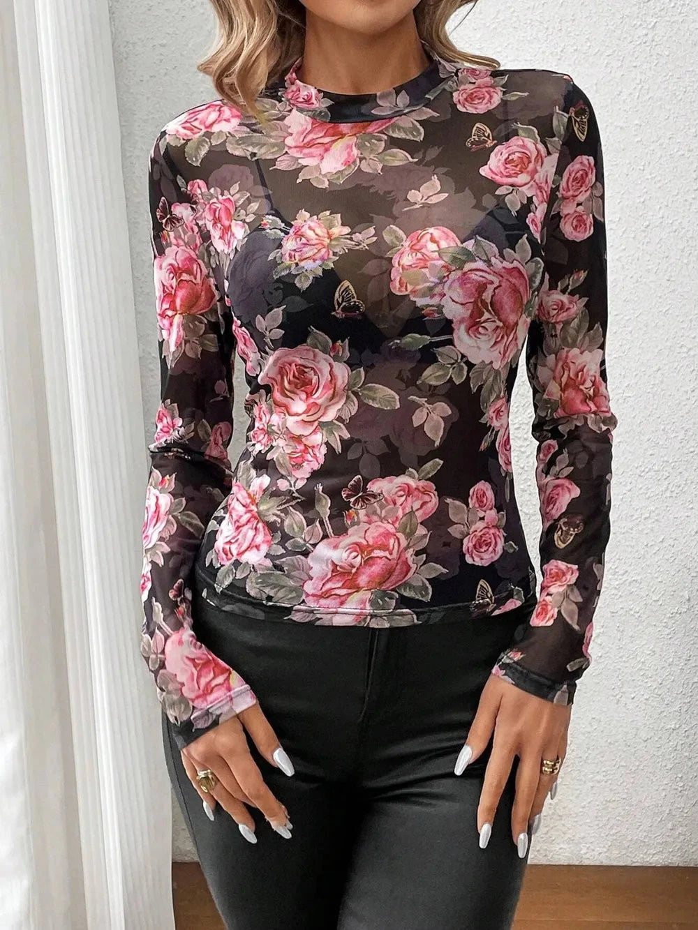 Mesh Floral Mock Neck Long Sleeve Top Coco’s Tee Boutique