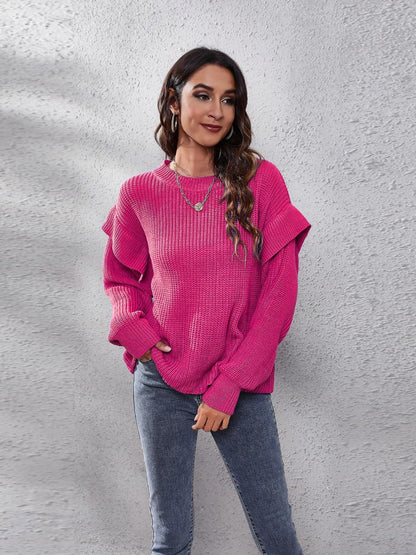 Ruffled Round Neck Dropped Shoulder Sweater.