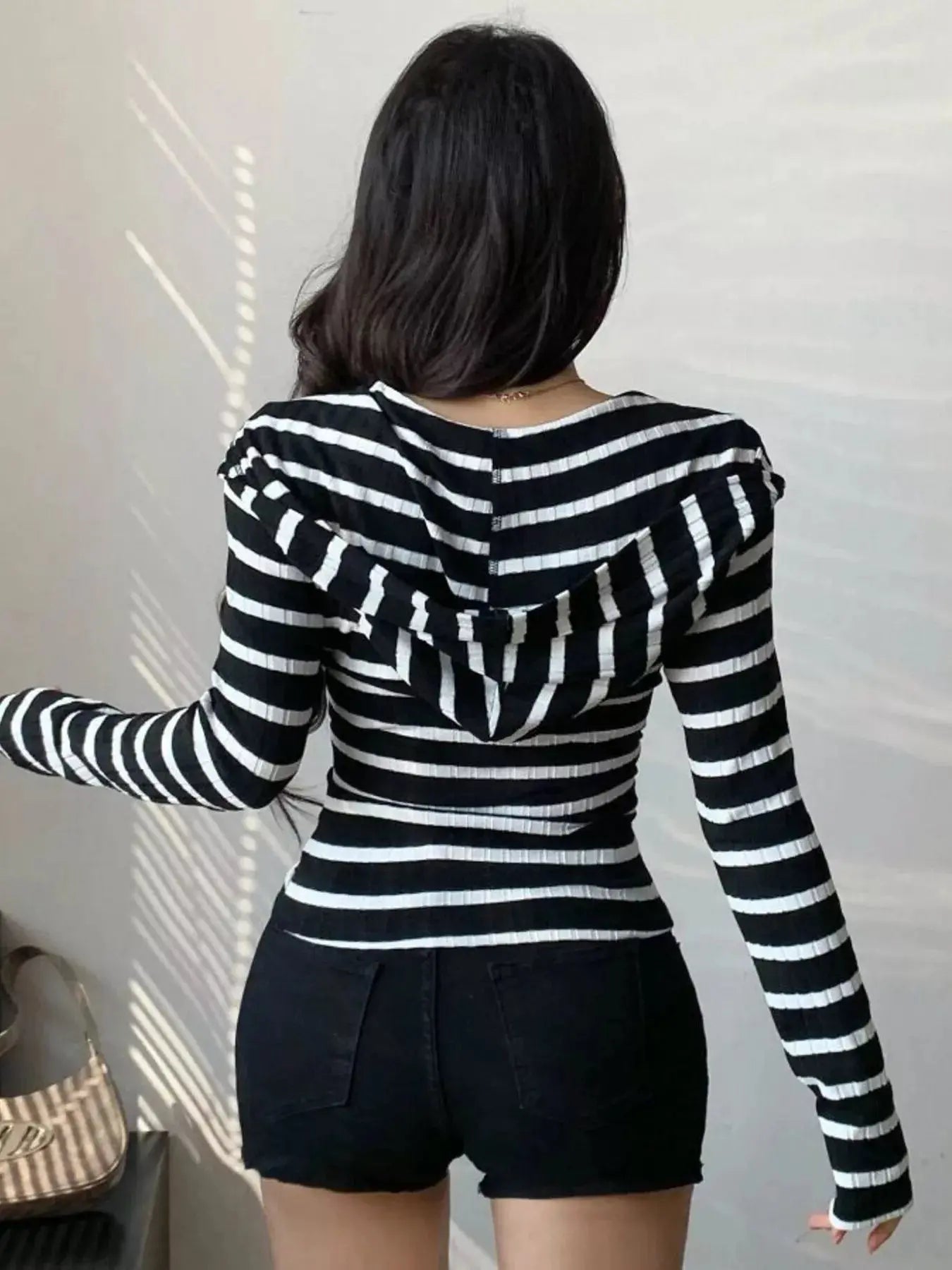 Striped Zip-Up Hooded Top Simply Love