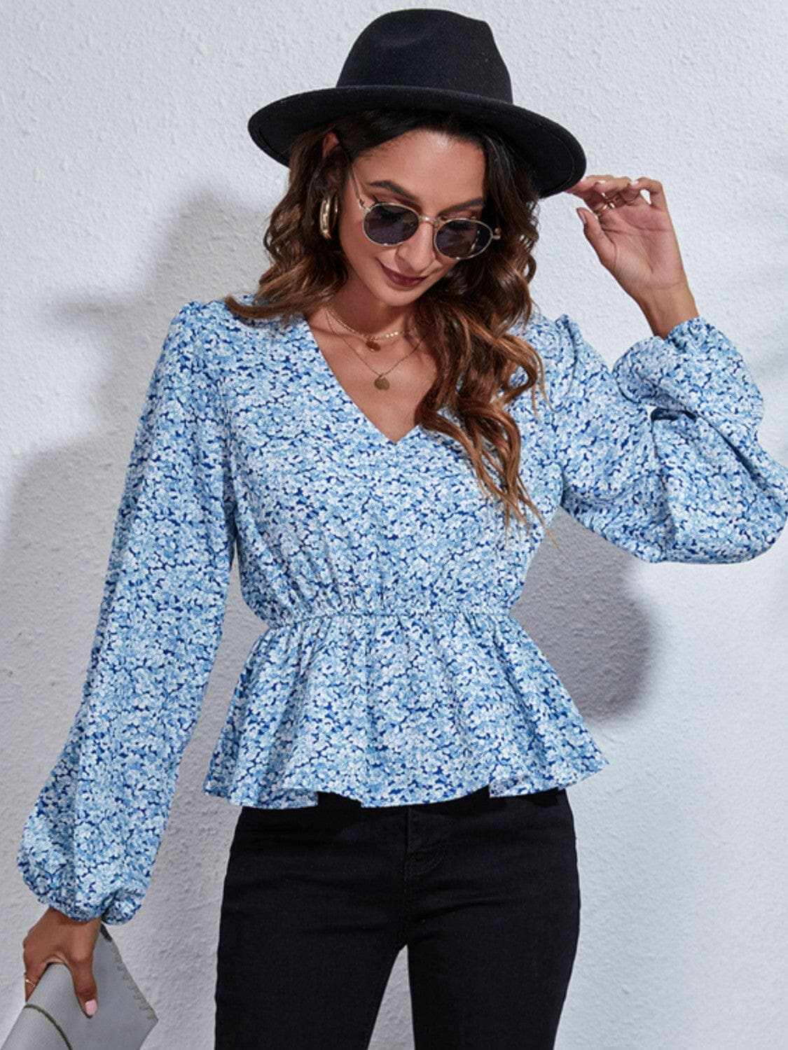 Floral peplum blouse with V-neck - Love Salve 