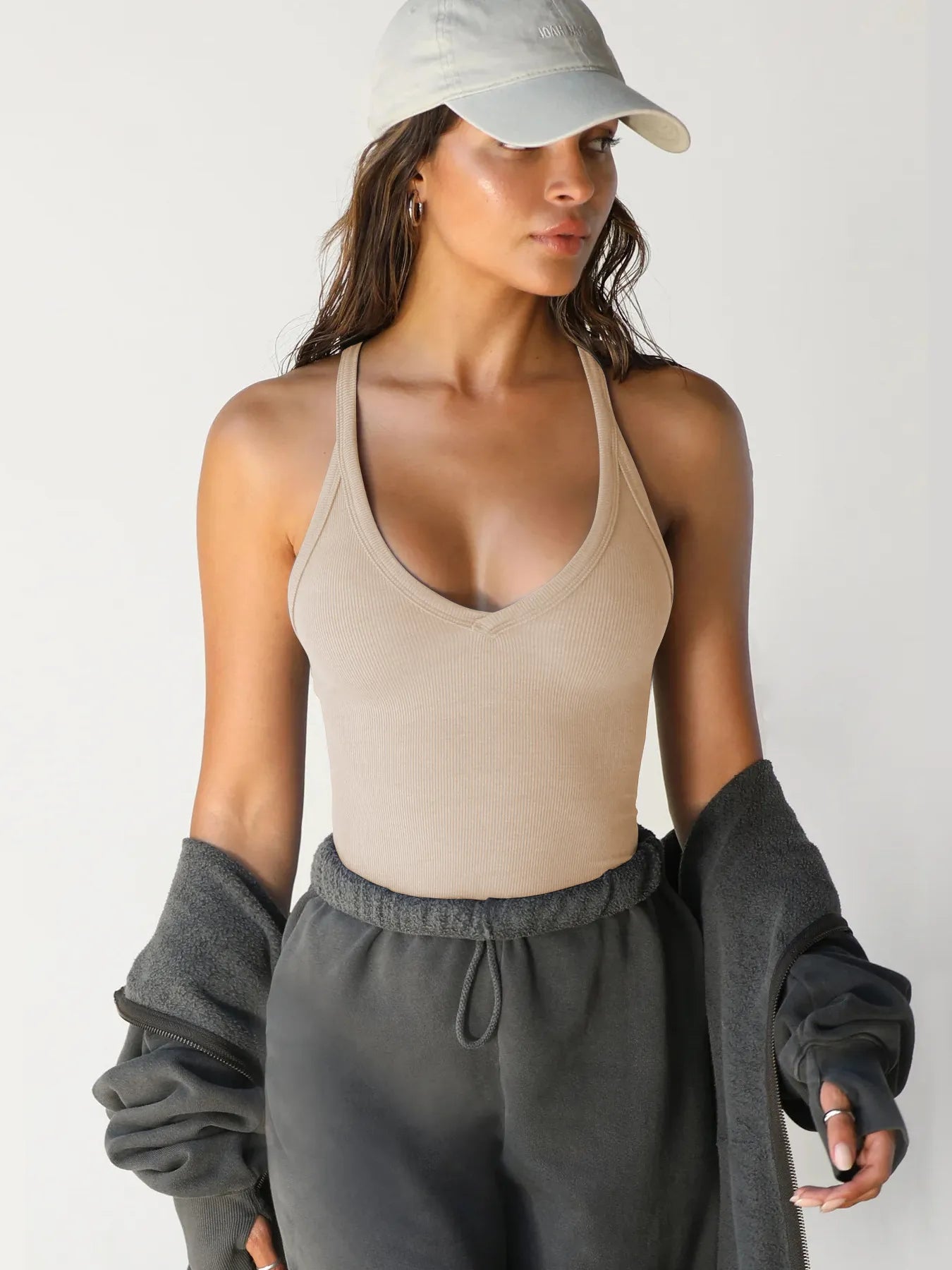 Ribbed V-Neck Halter Tank Top