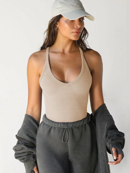 Ribbed V-Neck Halter Tank Top