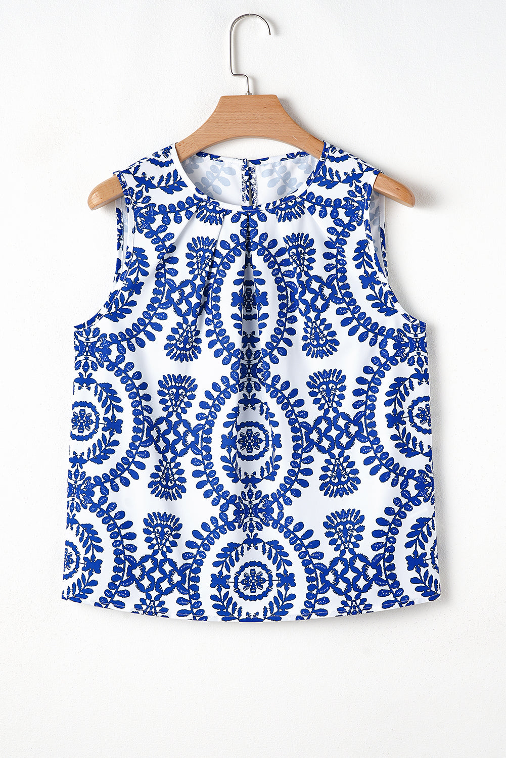 Blue Vintage Print Pintuck Crew Neck Tank Top for Women