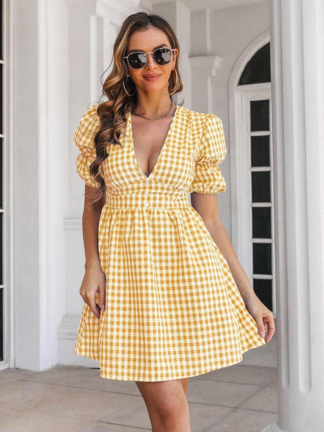 Decorative Button Plaid Short Sleeve Dress.