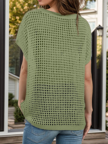 Openwork Round Neck Short Sleeve Cover-Up.