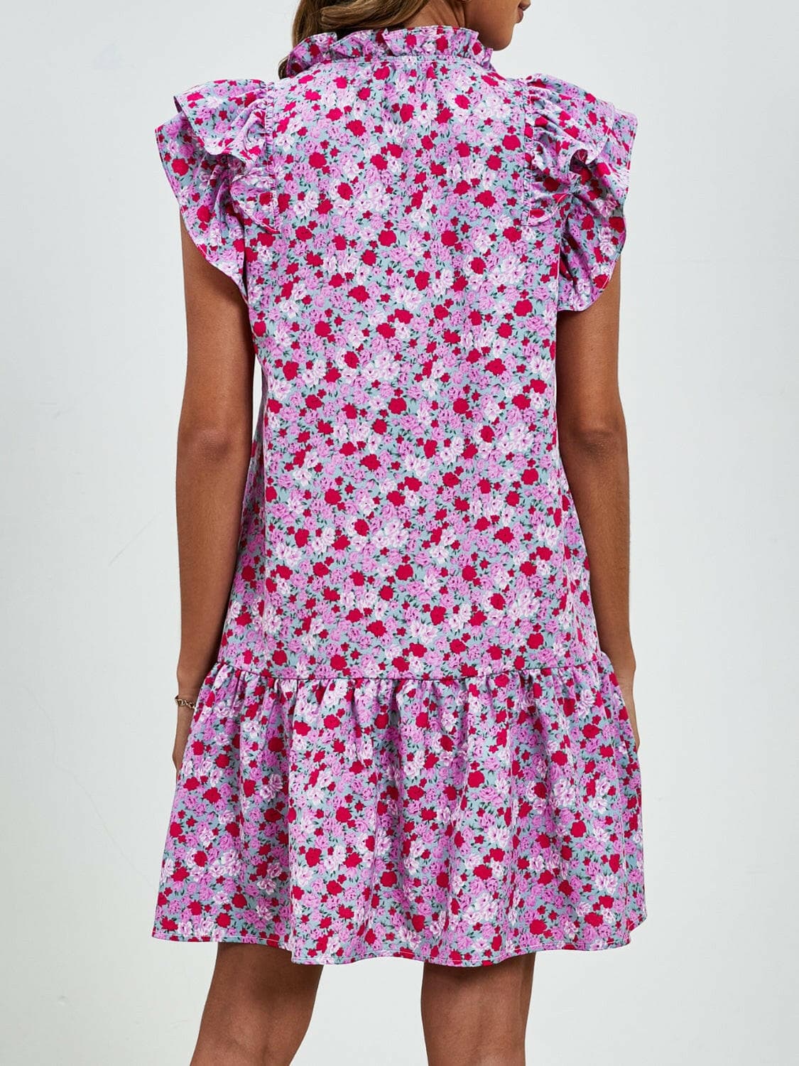 Tied Floral Cap Sleeve Mini Dress.