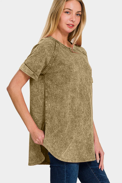 Zenana Heathered Round Neck Short Sleeve Top.