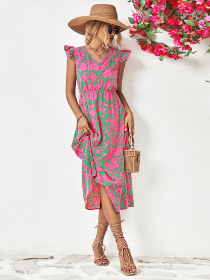 Printed V-Neck Cap Sleeve Dress.