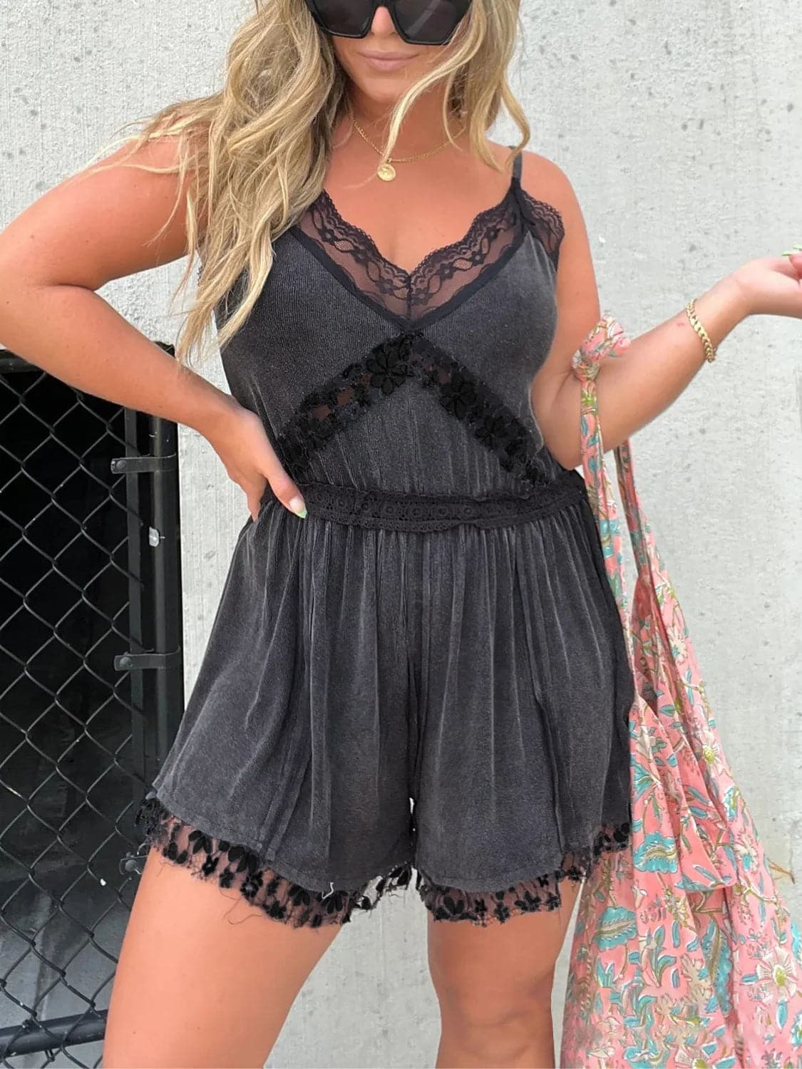 Full Size Lace Detail V-Neck Spaghetti Strap Romper.