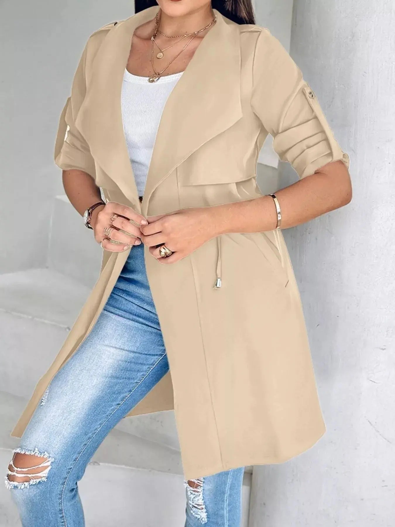 Beige Drape Collar Lightweight Trench Coat With Pockets And Drawstring Simply Love