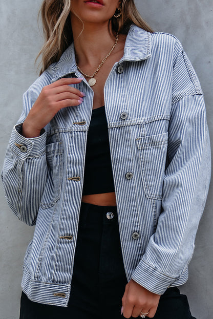 Sky Blue Stripe Washed Oversize Pocketed Denim Jacket with button-up closure and chest pockets.