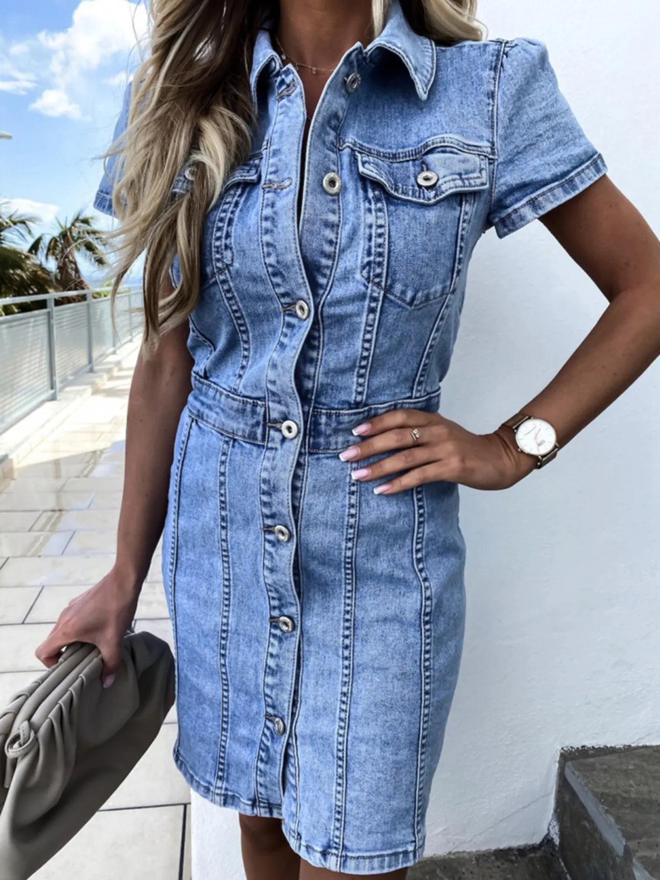 Button Front Short Sleeve Denim Dress Coco’s Tee Boutique