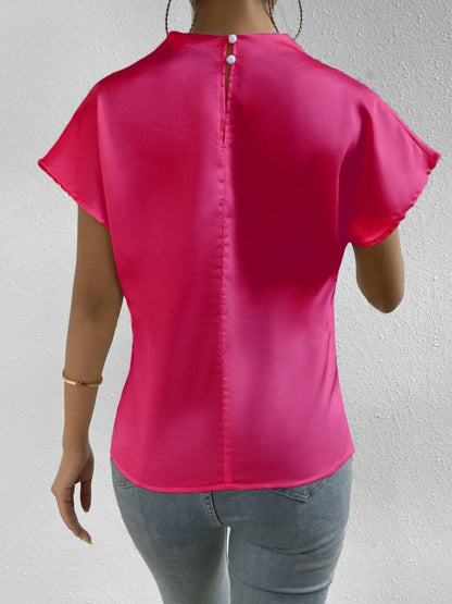 Ruched Mock Neck Short Sleeve Blouse.