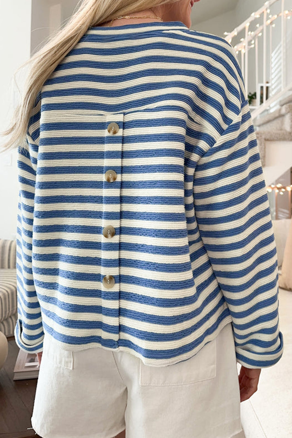 Sky Blue Striped V-Neck Top with Pocket and Buttoned Back