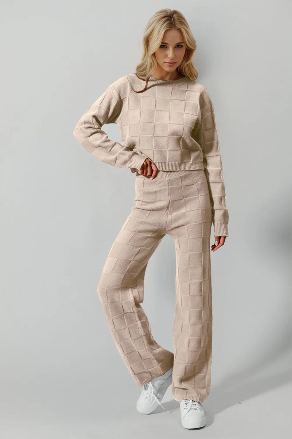 Double Take Full Size Checkered Round Neck Top and Pants Set - Love Salve