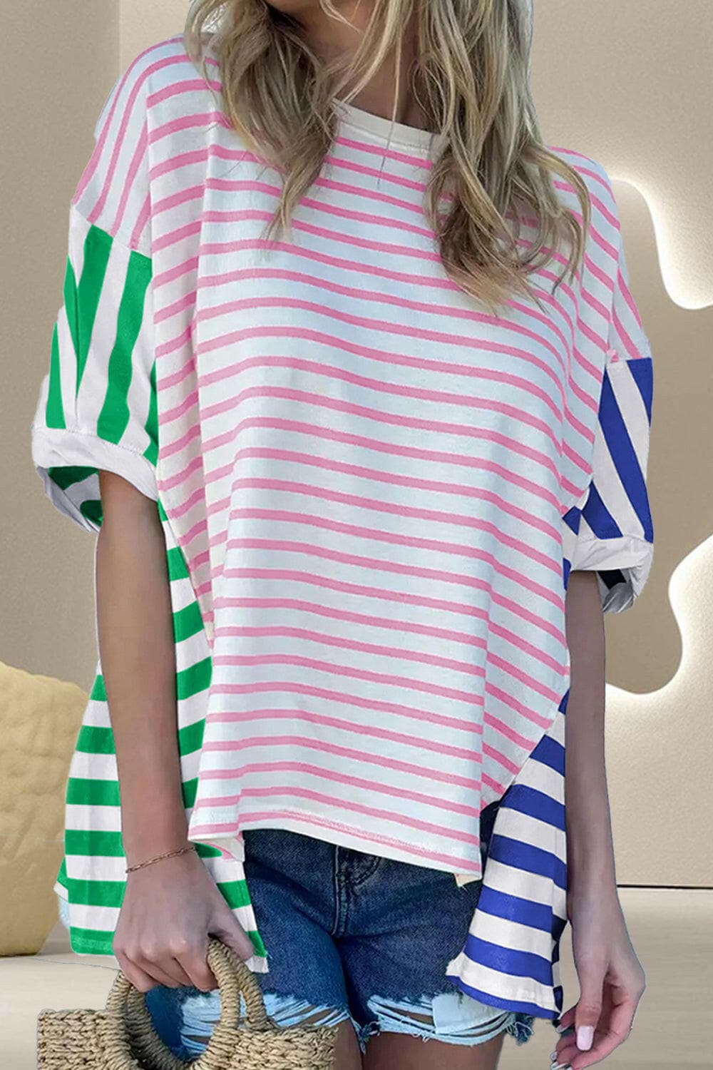 Striped Round Neck Dropped Shoulder T-Shirt.