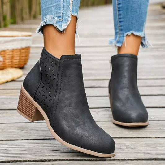 Block Heel Ankle Boots with Cutout Detail Simply Love