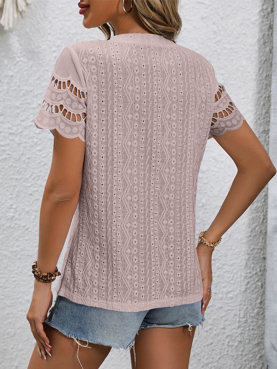 Full Size Eyelet Round Neck Short Sleeve Top.