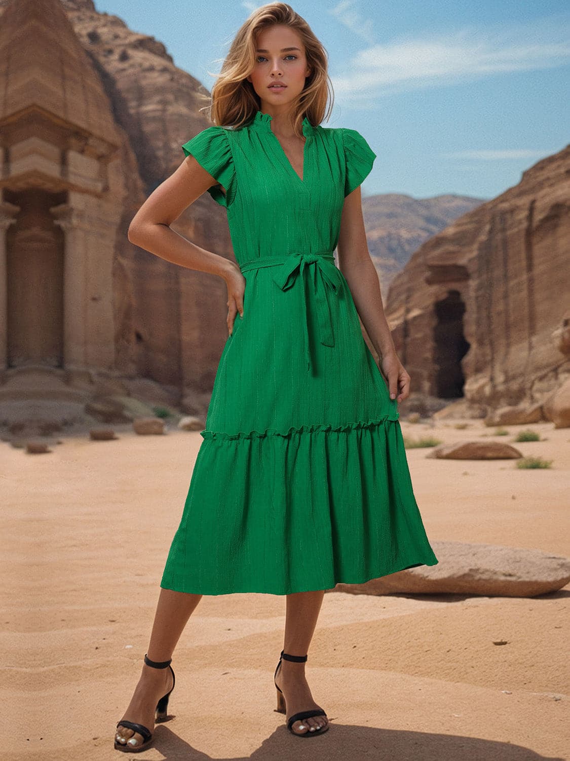 Tied Notched Cap Sleeve Dress.