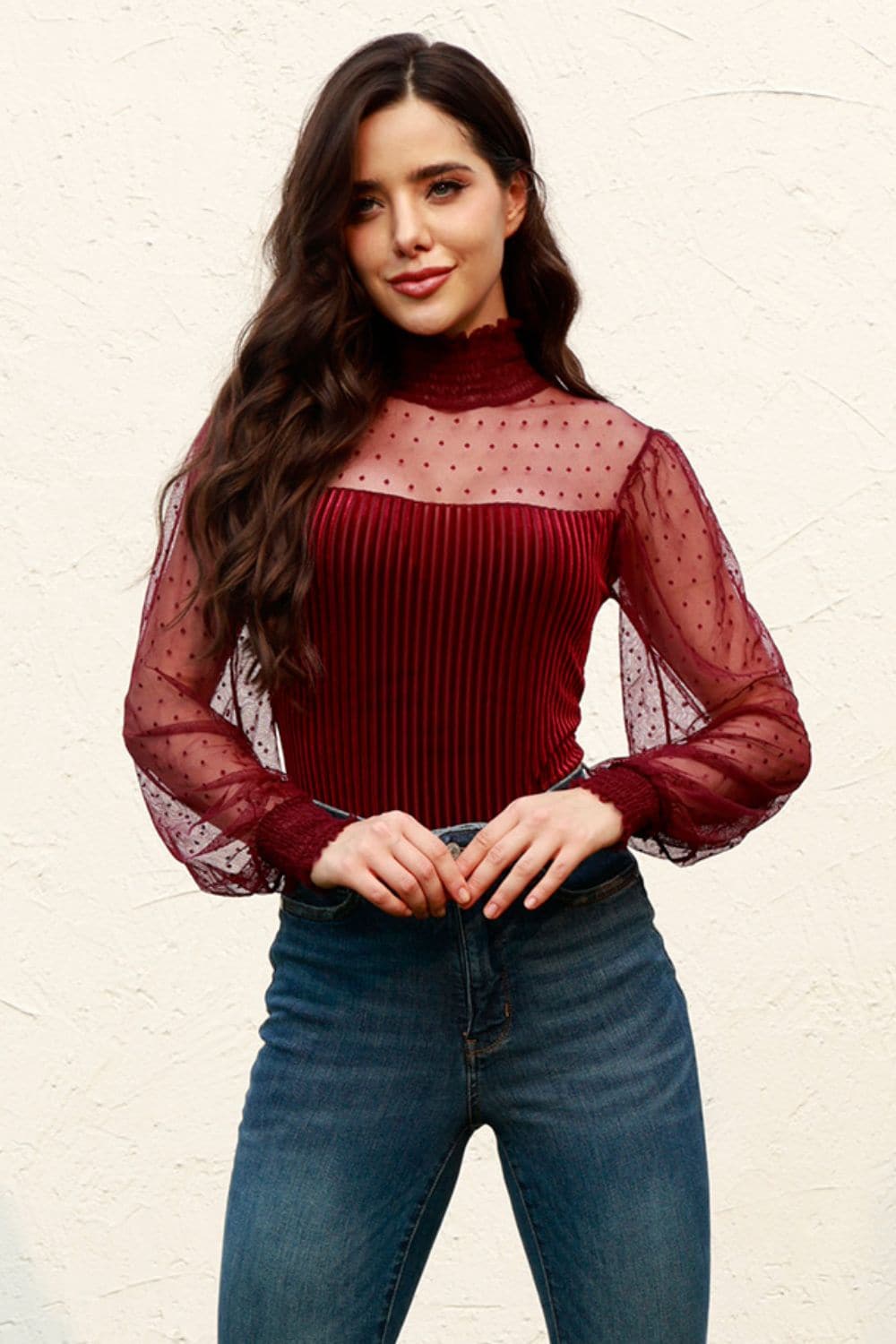 Mesh Long Sleeve Velvet Bodysuit.