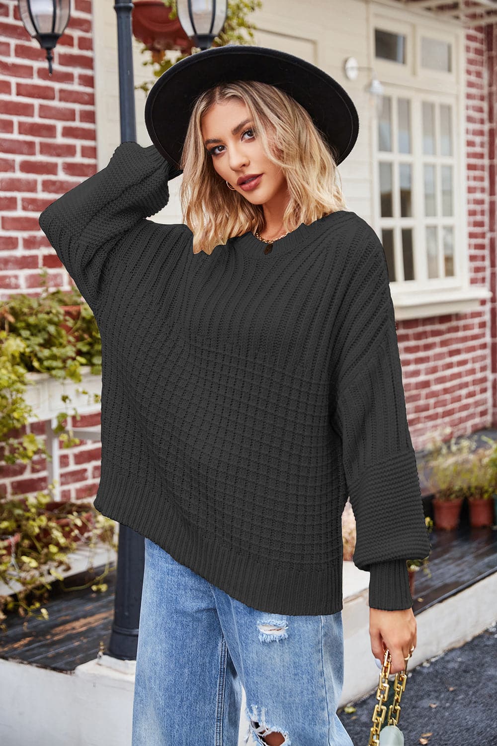 Ribbed Drop Shoulder Lantern Sleeve Sweater.