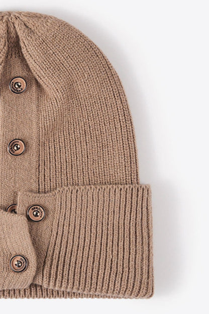 Button Detail Rib-Knit Cuff Beanie.