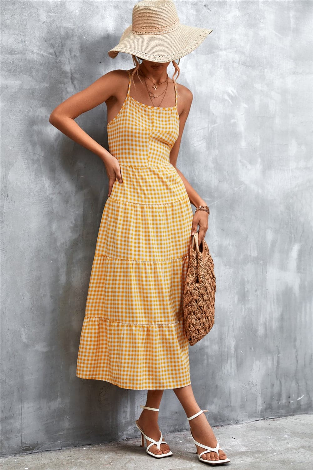 Plaid Square Neck Midi Cami Dress.