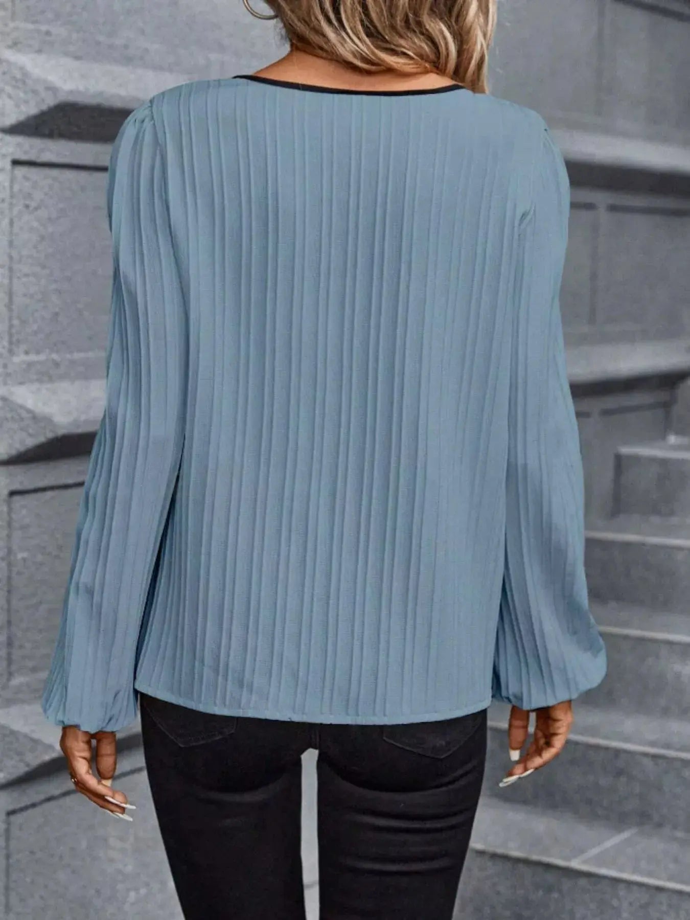 Contrast Notched Long Sleeve Blouse Simply Love