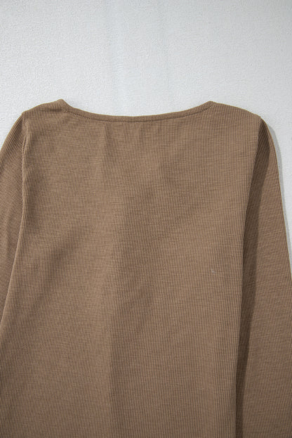 Chic chestnut ribbed long sleeve top with elegant embroidery