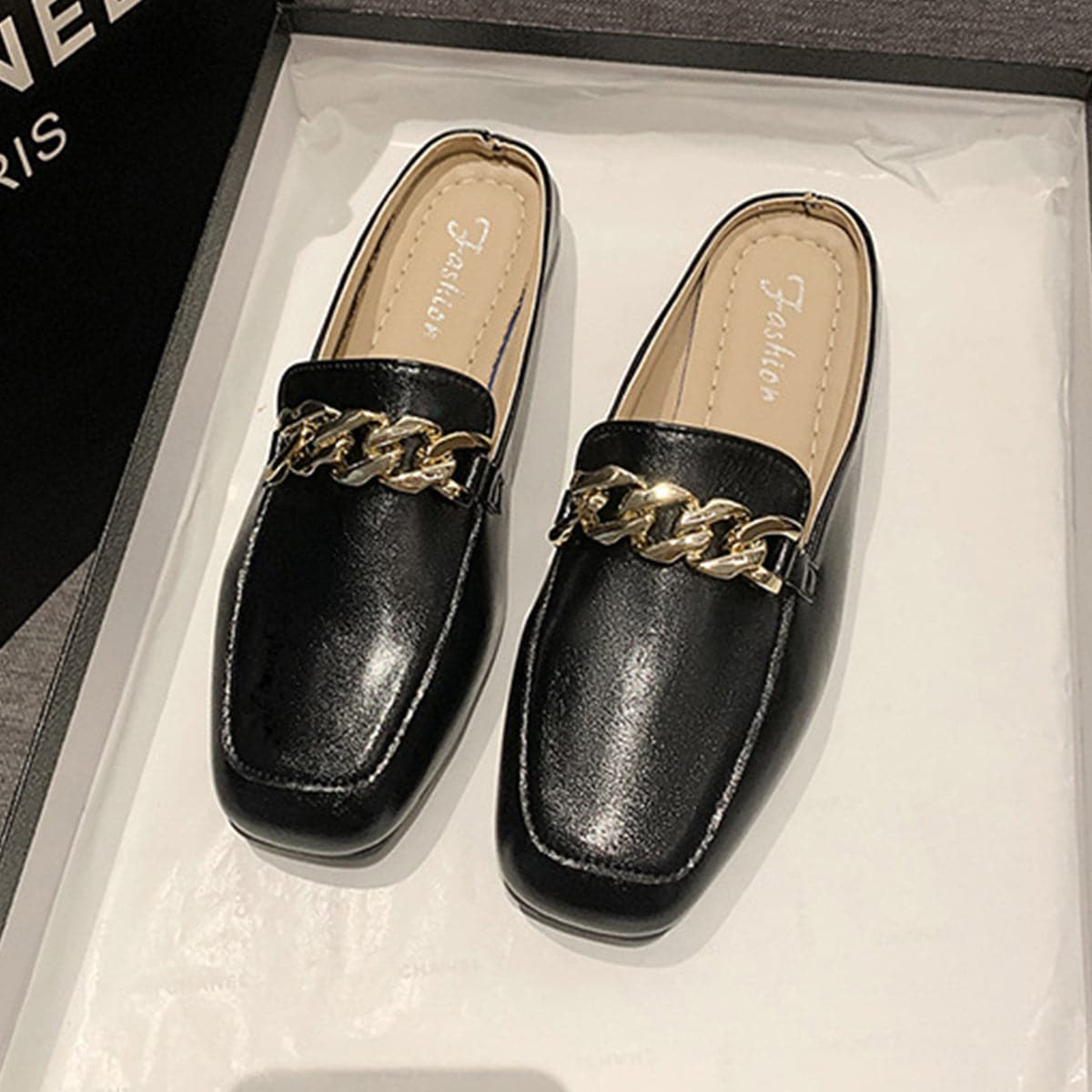 PU Leather Square Toe Flat Loafers.