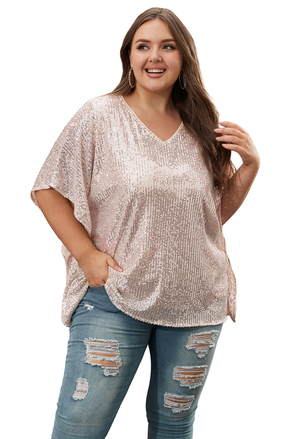 Sparkling apricot plus size V neck boxy top with sequined elegance