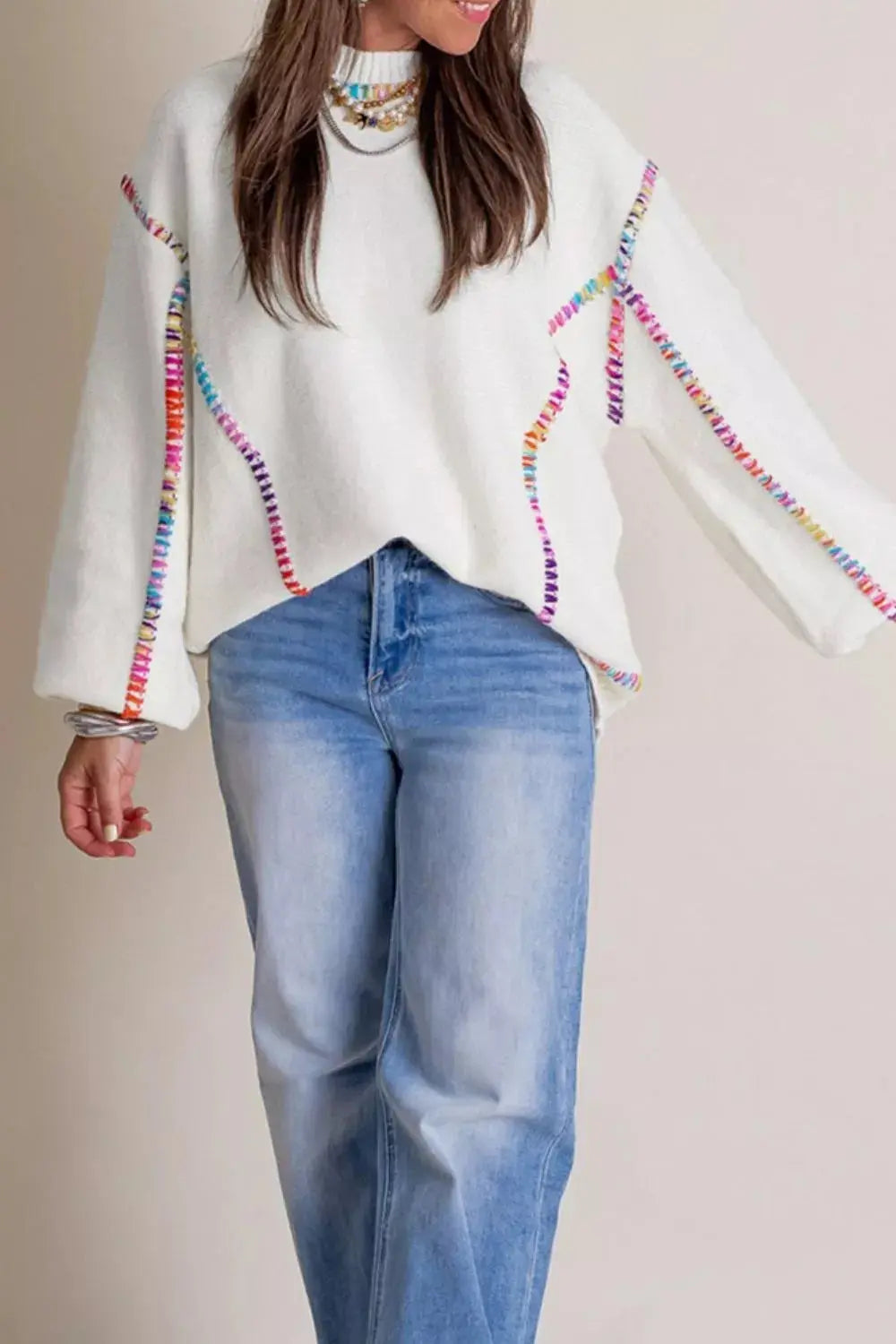 Rainbow Stitching Long Sleeve Relaxed Sweater Simply Love