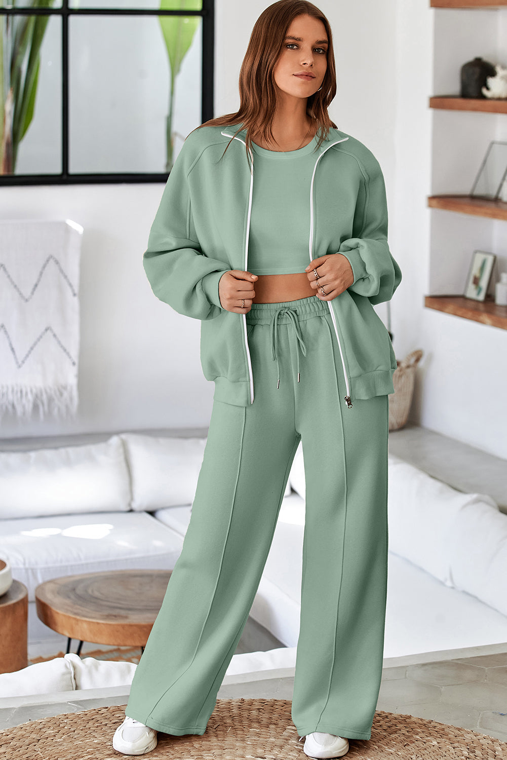 Premium Clearly Aqua Drop Shoulder Zip Up Jacket And Pants 2pcs Set