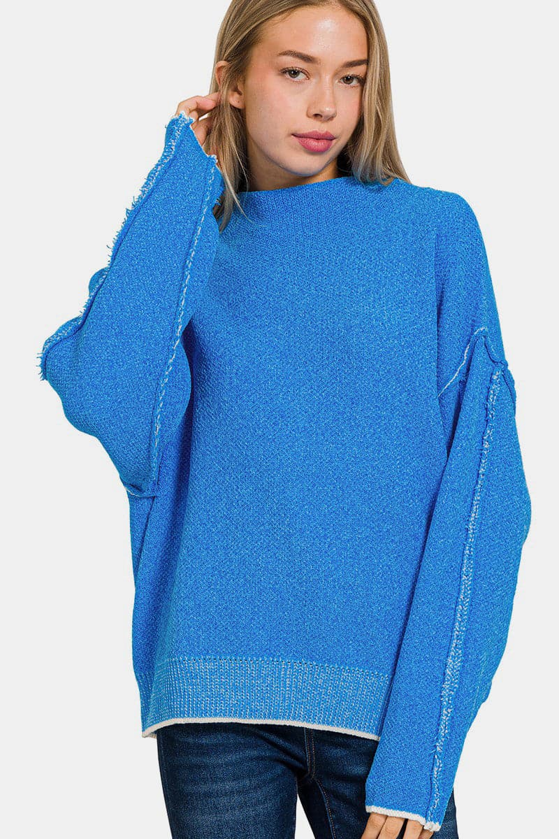 Zenana Exposed Seam Mock Neck Long Sleeve Sweater.