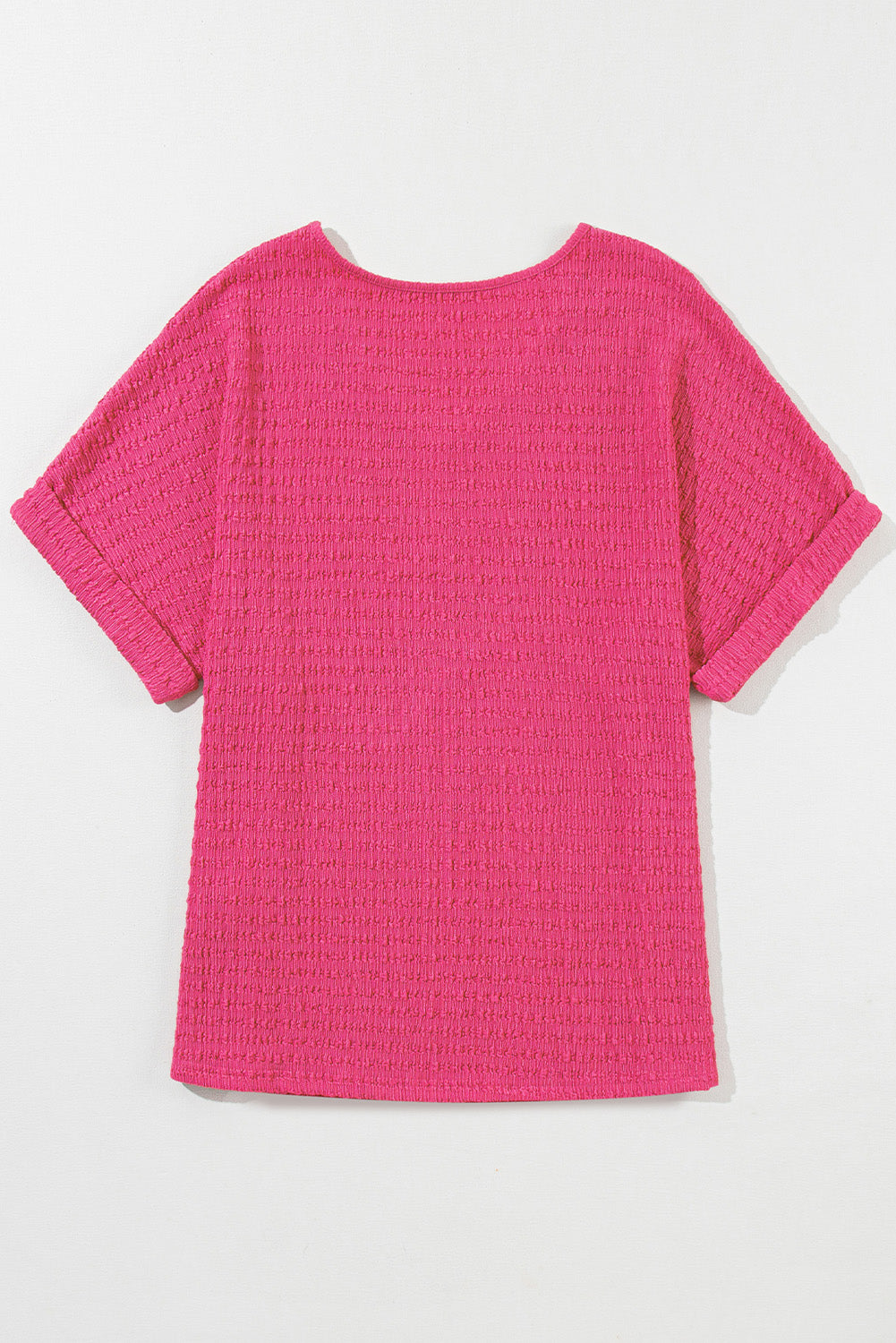 Chic bright pink rolled sleeve V neck tee for effortless style