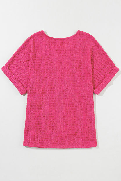 Chic bright pink rolled sleeve V neck tee for effortless style