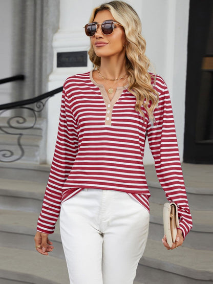 Striped Notched Long Sleeve T-Shirt.