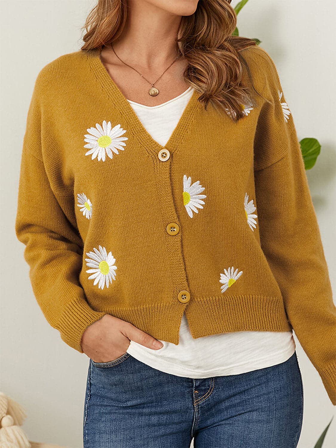 Flower Button Front Dropped Shoulder Cardigan.